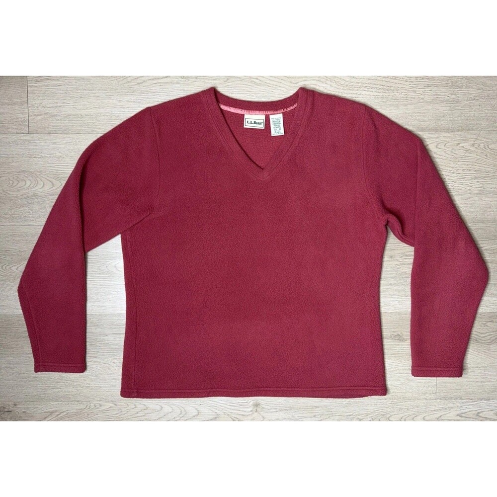 Vintage LL Bean Womens Medium V Neck Fleece Sweater Pullover Red Made in Canada